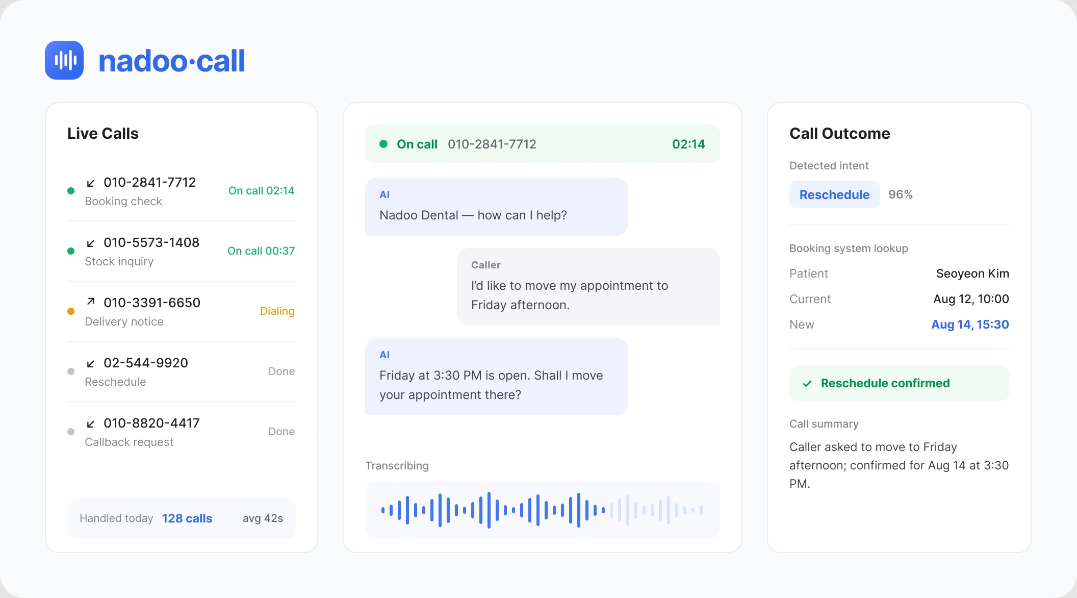 Nadoo AI Call live call monitoring screen