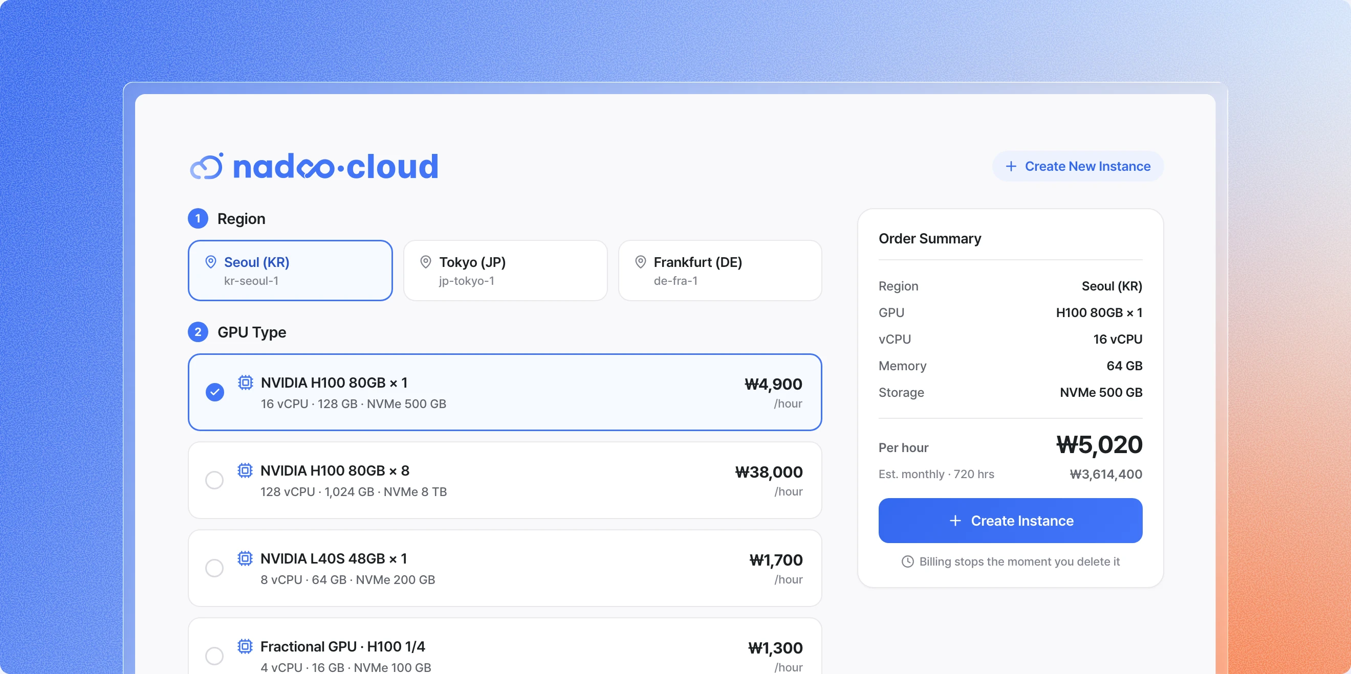 Nadoo Cloud console creating an instance from a region and GPU type