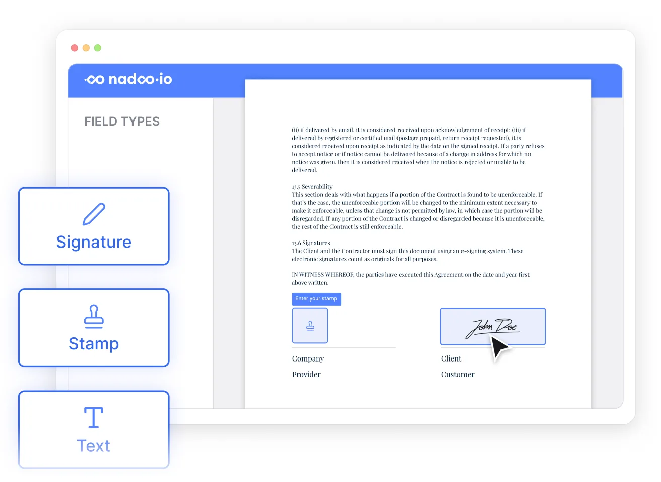 An e-contract with signature and stamp fields